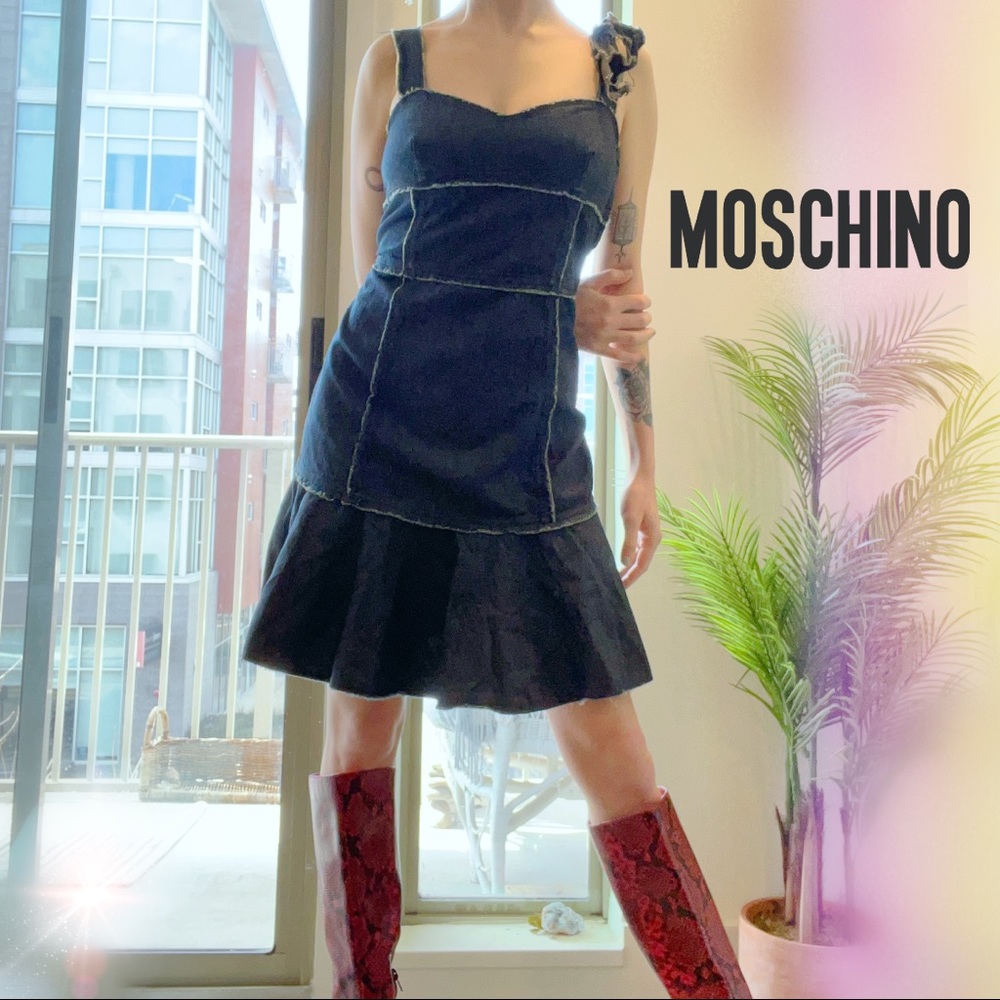 Vintage Moschino Cheap & Chic Denim Mini Patchwork Raw Edge Dress